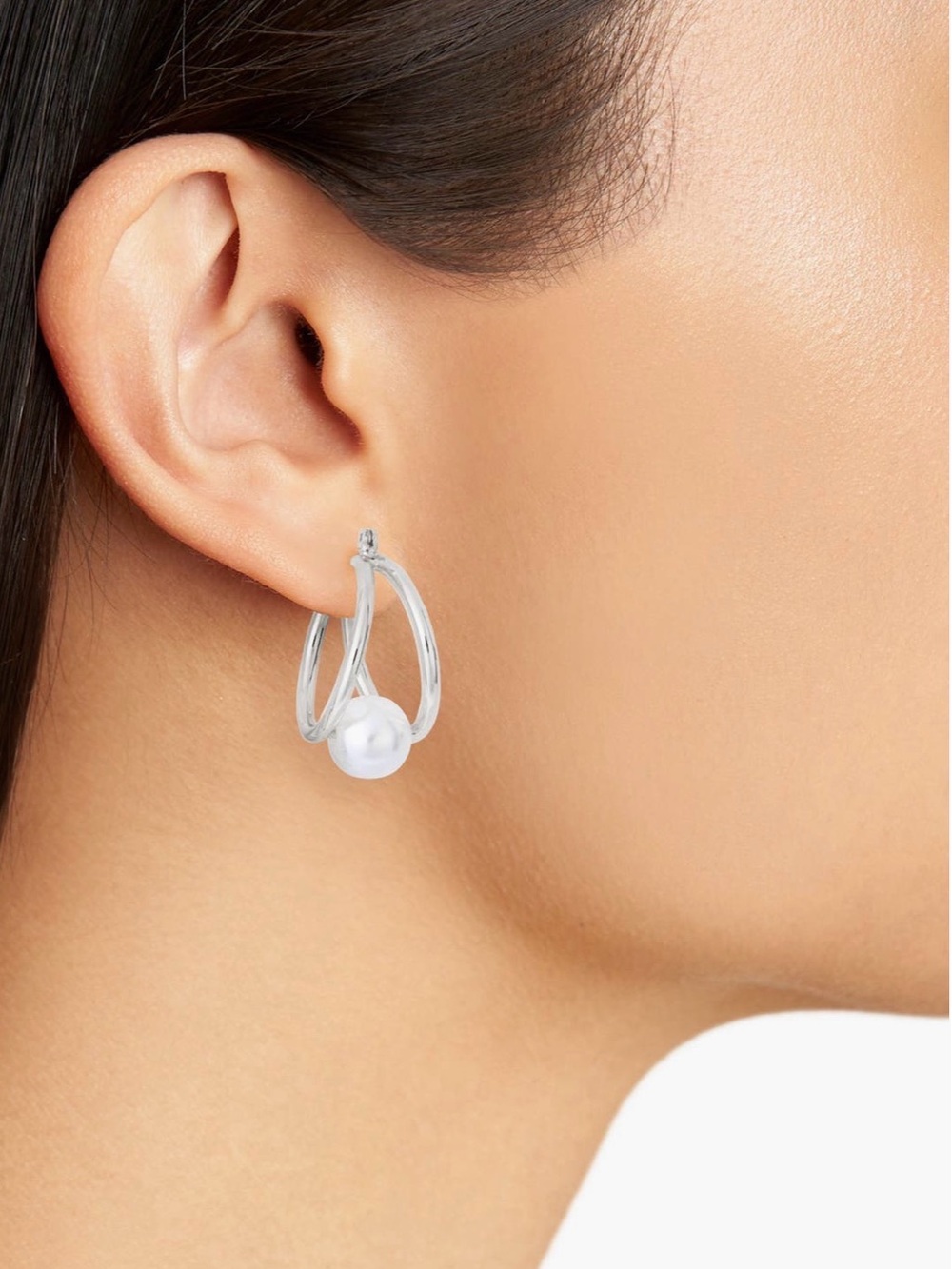Silver Double Hoop Pearl Earrings
